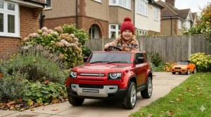 A happy British child wearing a woolly hat driving a red licensed Land Rover Defender ride-on car on a driveway in a residential UK neighbourhood.