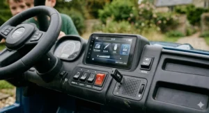 The realistic dashboard of the 24V buggy featuring a working MP3 player, USB port, and horn for an immersive play experience.