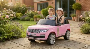 A technical illustration showing the UK standard dimensions and weight capacity of a girls' ride-on toy.