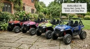 A row of Polaris RZR style kids electric cars shown in the available UK colour range including Racing Red, Candy Pink, Green, and Deep Blue.