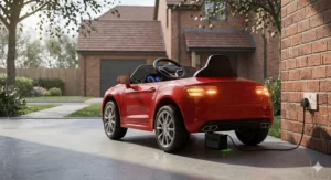 12V battery-powered electric ride-on car with functioning headlights, a popular Christmas present for kids.