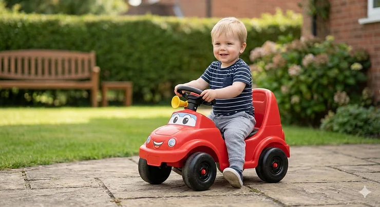 Young boy driving a black licensed electric ride-on car on a paved garden patio in the UK. ride on car for boys