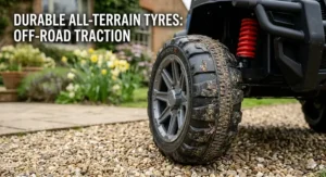 Durable EVA rubber tyres with a rugged tread pattern designed for off-road traction on British grass and gravel.