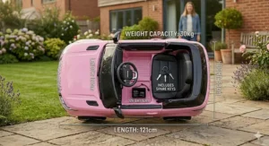 A girls' police-themed ride-on car with realistic blue flashing lights and British emergency services styling.