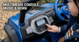 The interactive dashboard of the 24v buggy featuring a working horn, USB port, FM radio, and MP3 music player.