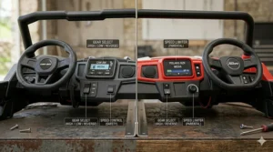 Interior view showing the steering wheels and media centres of the Can-Am and Polaris toy buggies.