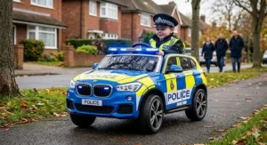 Children’s British police-style ride-on car with blue flashing lights and siren sounds for roleplay.