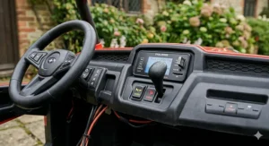 The realistic dashboard of a kids electric car featuring an MP3 music player, USB port, gear stick, and working horn button.