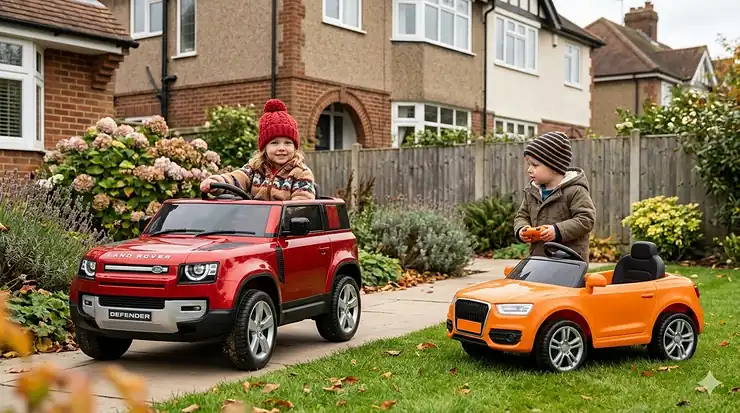 A side-by-side comparison of a licensed Land Rover Defender ride-on car and a generic unlicensed model in a British garden setting. licensed vs unlicensed ride on car