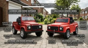 A visual comparison between a licensed Land Rover Defender ride-on car with authentic badges and a generic unlicensed model to show design differences.