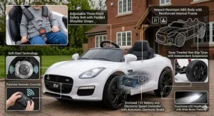 A smiling young boy sitting in a white luxury sports style electric ride-on car with the door open on a block-paved driveway.