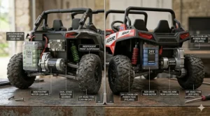 Detailed view of the chunky off-road tyres and suspension on a kids' Polaris RZR and Can-Am Maverick.