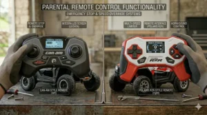 A hand holding a 2.4G parental remote control next to a Polaris RZR and Can-Am Maverick ride-on.