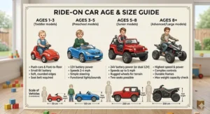 A comprehensive size chart showing various ride-on car models scaled against children of different ages, from toddlers to older kids.