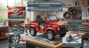A maintenance checklist for ride-on toys, showing a person cleaning the bodywork, checking the battery terminals, and lubricating the axles.