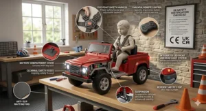 An infographic detailing essential safety features for kids' electric vehicles, including five-point harnesses, parental remote controls, and UKCA certification.