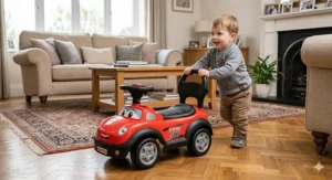 Infographic diagram showing safety features of a ride-on car for boys including seatbelts, parental remote, and LED headlights.