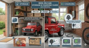 A guide to storing and charging a ride-on car in a garage, featuring a UK 3-pin wall socket and a protective weather cover.