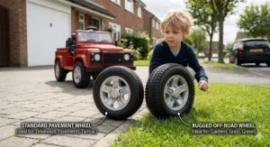 A side-by-side comparison of smooth tarmac tyres and rugged off-road wheels for ride-on cars, illustrating suitability for pavements versus garden grass.