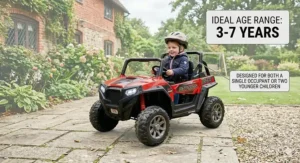 A young girl wearing a safety helmet driving a Polaris RZR style electric car, suitable for children aged 3 to 7 years.