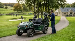 A two seat electric golf buggy carrying a set of golf clubs on a path next to a fairway at a lush UK golf course.