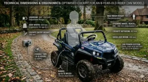 Two British children sitting side-by-side in a large 24v UTV-style buggy with luxury leather seats.