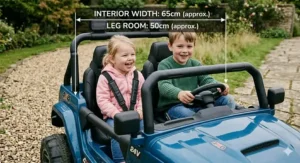 Two siblings sitting comfortably inside the spacious two-seater 24V 4WD buggy, demonstrating the large cockpit size.