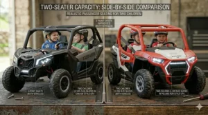 Two children sitting comfortably inside a 24V ride-on buggy to demonstrate the two-seater capacity.