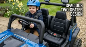 Interior view of the spacious two-seater cabin featuring leather-style seats and individual safety harnesses for two children.