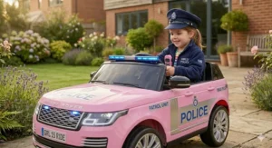 A spacious two-seater pink electric car for girls, perfect for siblings to ride together in the garden.