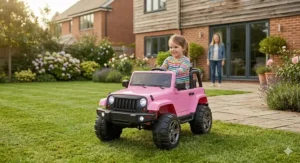 A premium white licensed Mercedes-Benz battery-powered ride-on car for girls on a stone garden path.