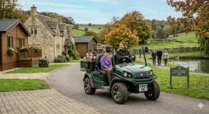 A zero-emission two seat electric buggy being used for quiet transport on a paved path through a British holiday park with log cabins.