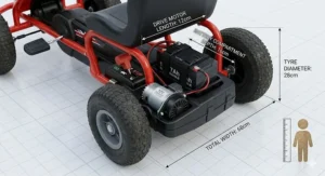 A technical drawing showing the length, width, and height measurements of a standard 12V electric go kart.