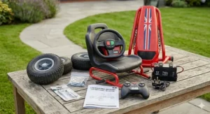 An overview of the go kart components, tools, and UK 3-pin plug charger included in the packaging.