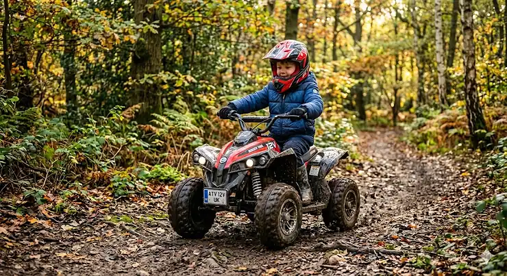 A young child riding a red and black 12v off road quad bike through a muddy British woodland trail, showing the rugged design and natural lighting. 12v off road quad