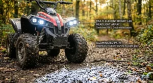 The bright multi-element LED headlights of a 12v off road quad bike switched on, illuminating a muddy path during an outdoor twilight ride.