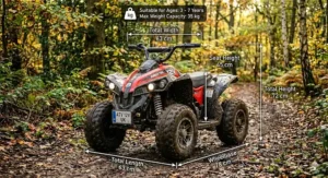 An infographic overlay on a 12v off road quad bike showing precise measurements for seat height, width, and total length in centimetres.