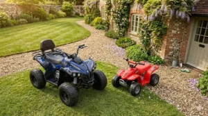 Internal view showing the battery and motor configuration of a 12V quad bike, demonstrating the extra power over a 6V model.
