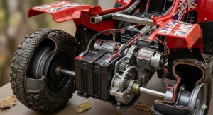 Detailed internal view of a kids 12v quad bike showing the rechargeable battery and twin motor configuration.