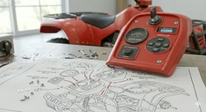 The dashboard of a 12v quad bike featuring a battery gauge, LED headlight switch, and MP3 music player.