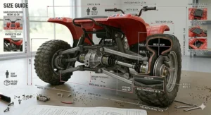 An assembly manual and technical diagram showing the step-by-step setup of a kids 12v quad bike.