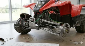 High-detail illustration of the front axle and steering column assembly of a 12v quad bike for kids.