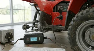 Technical illustration showing the height and width dimensions of a 12v quad bike in centimetres.
