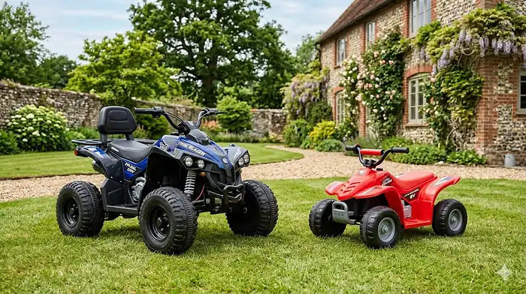 A side-by-side comparison of a 12V electric quad bike and a 6V toddler quad bike on a British garden lawn, highlighting the size and wheel difference. 12v vs 6v quad bike