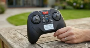 The 2.4GHz parental remote control used to steer or stop the 12V go kart for kids remotely for added safety.