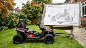 A technical dimension chart for a 24v electric go kart, showing overall length and seat height measurements next to the vehicle.