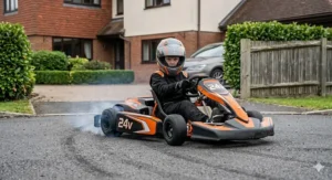 Alt text for image 5: An older child drifting an orange 24v electric go-kart on a tarmac driveway, showcasing high-torque performance.