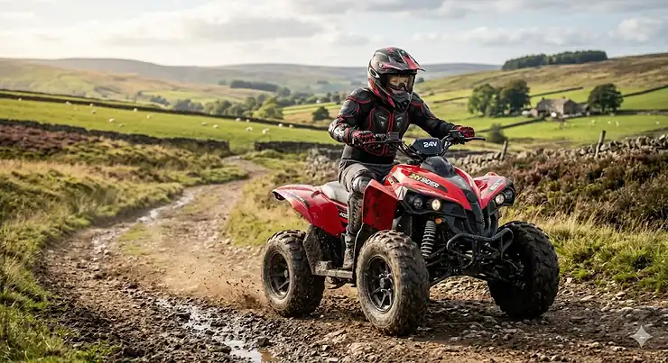 A high-performance red 24v quad bike for older kids being driven along a rugged dirt track in the British countryside. 24v quad bike for older kids