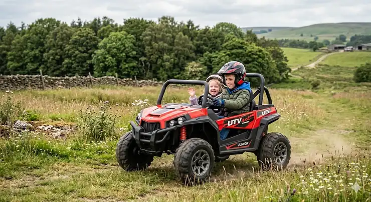 A child driving a powerful 4x4 UTV for kids across a grassy British meadow, featuring realistic suspension and rugged tyres for off-road play. 4x4 utv for kids