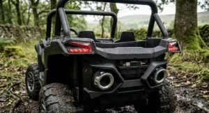 Rear profile of a kids' 24v 4x4 UTV highlighting the dual-motor setup and realistic exhaust styling.